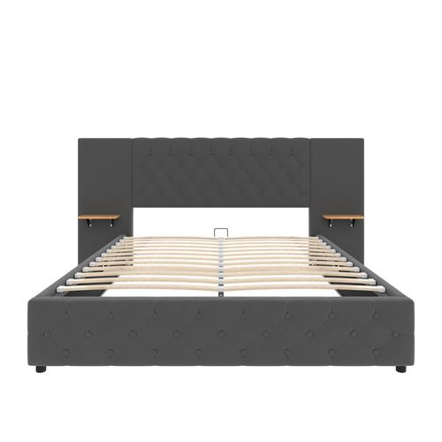 Lit Coffre Double 160x200 Cm, Tête Large Boutonnage Diamant Avec LED Et Ports USB, Velours, Gris