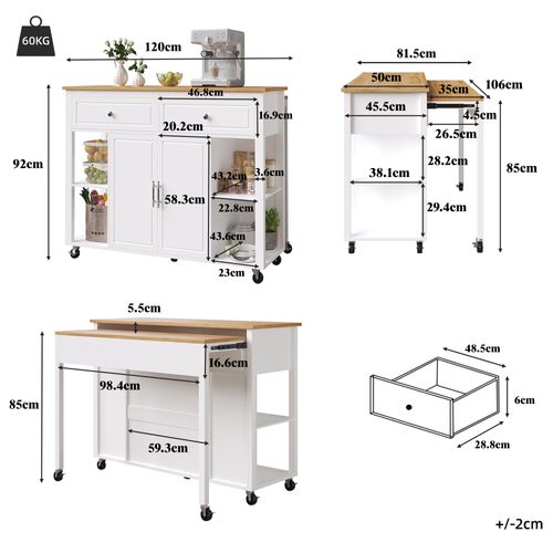 Desserte Mobile 120x50/81,5x92 Cm, Plateau Extensible, 7 Roulettes Avec Frein, Mdf Et Métal, Blanc