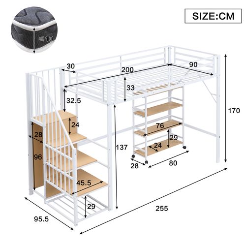Lit Mezzanine 90x200cm, Armoire D'angle, Escalier De Rangement, Étagère, Métal, Mdf, Blanc+bois