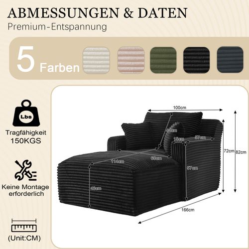 Fauteuil 166x100x82 Cm, Sans Montage, Gain De Place Et Design Élégant, Velours Côtelé, Noir