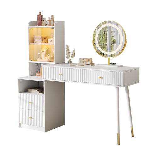 Coiffeuse 100x40x125 Cm, Miroir à LED, 4 Tiroirs, 4 Niches, Porte, Panneaux De Particules, Blanc