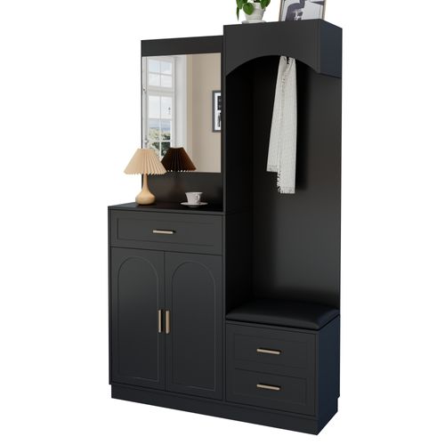 Vestiaire 110x33x185,5cm Avec Miroir Et Patères, 1 Tiroir, Compartiments à Chaussures, Mdf, Noir