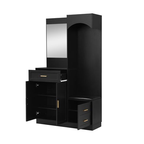 Vestiaire 110x33x185,5cm Avec Miroir Et Patères, 1 Tiroir, Compartiments à Chaussures, Mdf, Noir