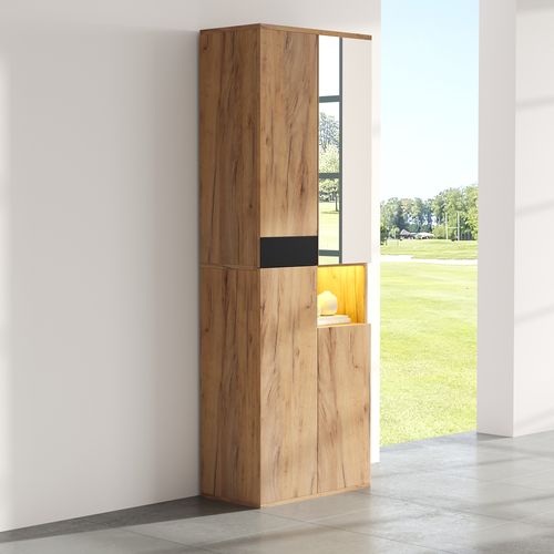 Armoire Haute 65x35x190cm, 4 Portes, Miroir, Niche Ouverte, Panneau De Particules, Couleur Bois+noir