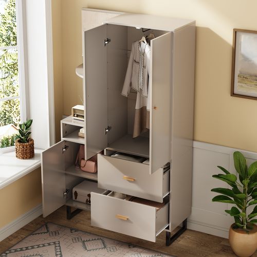 Armoire Haut 110x38x186 Cm, Panneaux En Tissu, 2 Tiroirs Et Étagères, 3 Portes, Mdf, Beige+noir