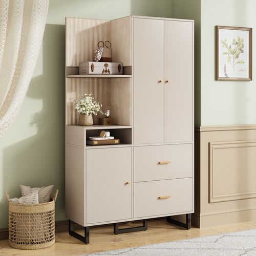 Armoire Haut 110x38x186 Cm, Panneaux En Tissu, 2 Tiroirs Et Étagères, 3 Portes, Mdf, Beige+noir