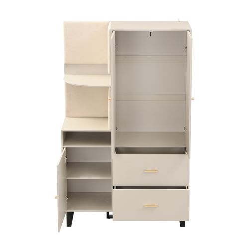 Armoire Haut 110x38x186 Cm, Panneaux En Tissu, 2 Tiroirs Et Étagères, 3 Portes, Mdf, Beige+noir