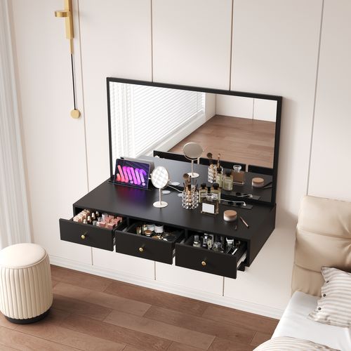 Coiffeuse Suspendue 100x45x105 Cm, Miroir Et 3 Tiroirs Avec Prises, Panneau De Particules, Noir