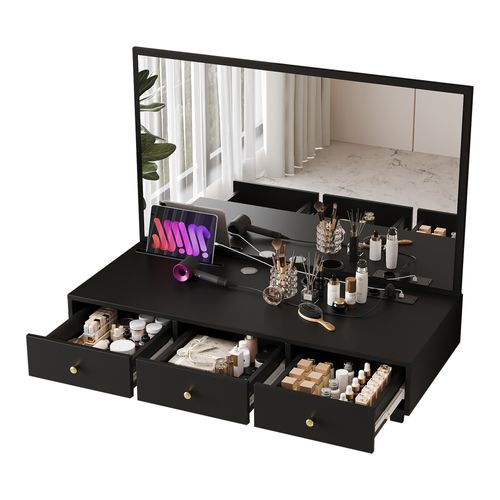 Coiffeuse Suspendue 100x45x105 Cm, Miroir Et 3 Tiroirs Avec Prises, Panneau De Particules, Noir