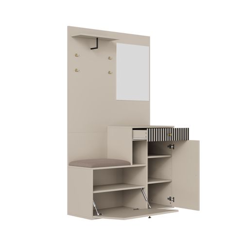Vestiaire 110x37x185,5cm Avec Miroir Et Patères, 1 Tiroir, Tablettes, Mdf, Beige Et Crème