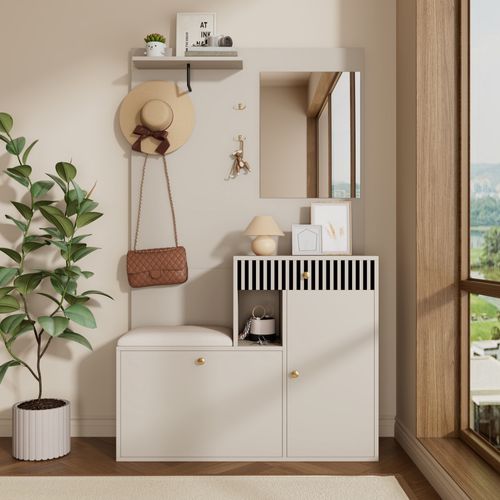 Vestiaire 110x37x185,5cm Avec Miroir Et Patères, 1 Tiroir, Tablettes, Mdf, Beige Et Crème