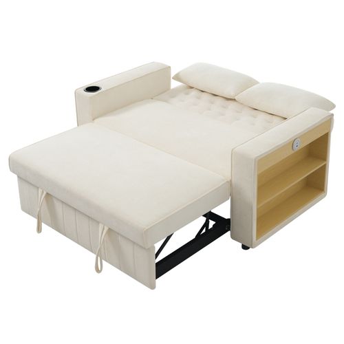 Canapé Convertible 140x137x84 Cm, Tissu Chenille, 2 Niches Latérales, Structure Fer Et Bois, Beige