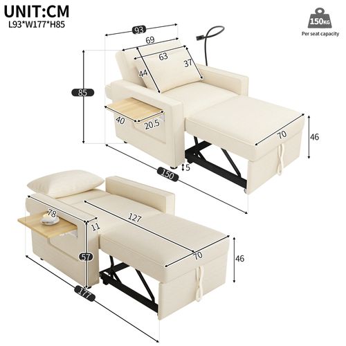 Canapé Convertible 1 Place 150x93x85cm, Dossier 3 Positions, USB, Fer, Bois, Velours Côtelé Beige