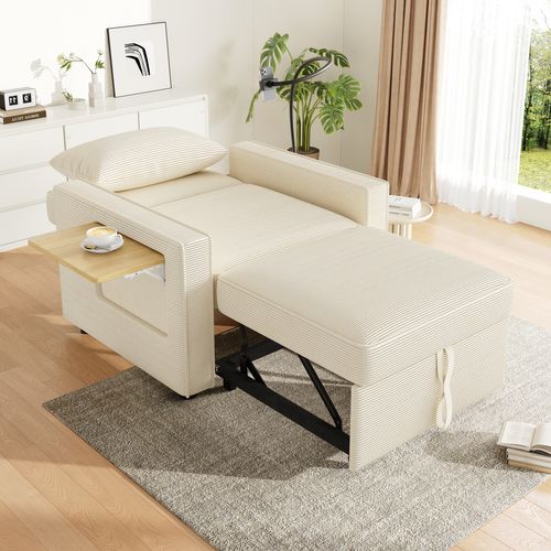 Canapé Convertible 1 Place 150x93x85cm, Dossier 3 Positions, USB, Fer, Bois, Velours Côtelé Beige