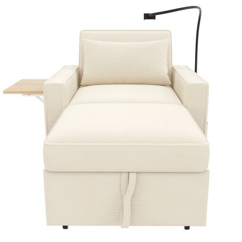 Canapé Convertible 1 Place 150x93x85cm, Dossier 3 Positions, USB, Fer, Bois, Velours Côtelé Beige