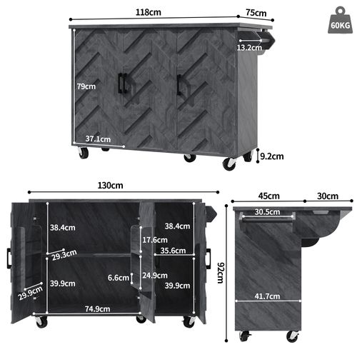 Îlot Centrale 118x45-74x92cm, Sur Roulettes, Plateau Extensible, Porte-serviettes, Mdf, Métal, Gris