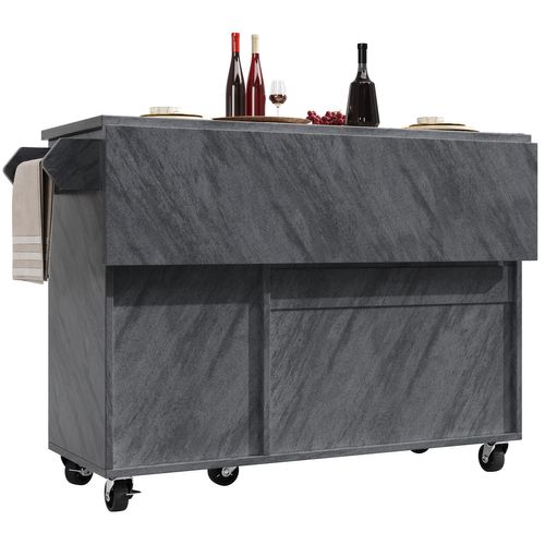 Îlot Centrale 118x45-74x92cm, Sur Roulettes, Plateau Extensible, Porte-serviettes, Mdf, Métal, Gris