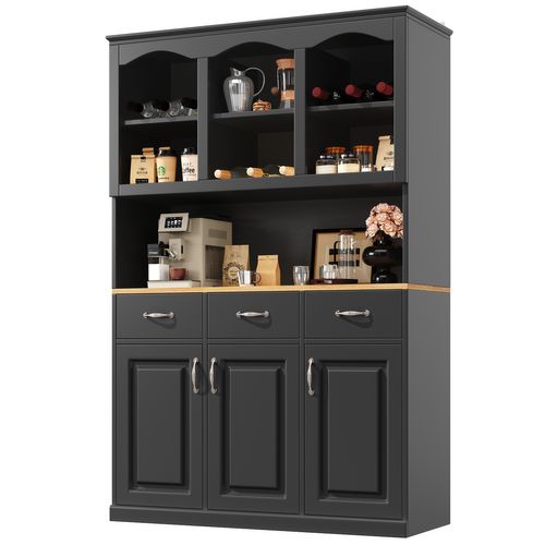 Buffet Haut De Cuisine 120x40x180 Cm, 3 Tiroirs, Rangement Ouvert, LED Pilotable, Métal, Mdf, Noir