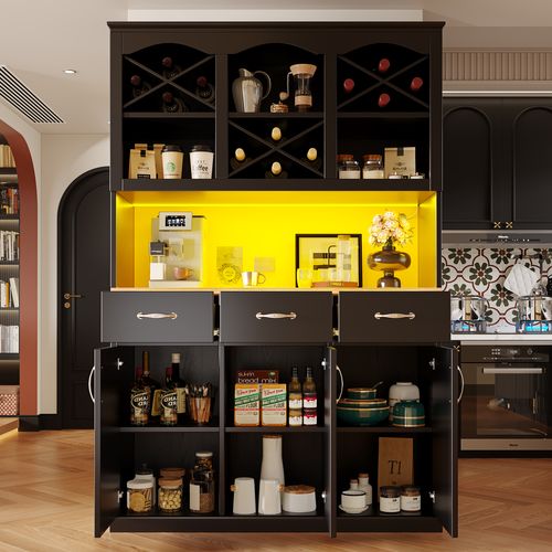 Buffet Haut De Cuisine 120x40x180 Cm, 3 Tiroirs, Rangement Ouvert, LED Pilotable, Métal, Mdf, Noir