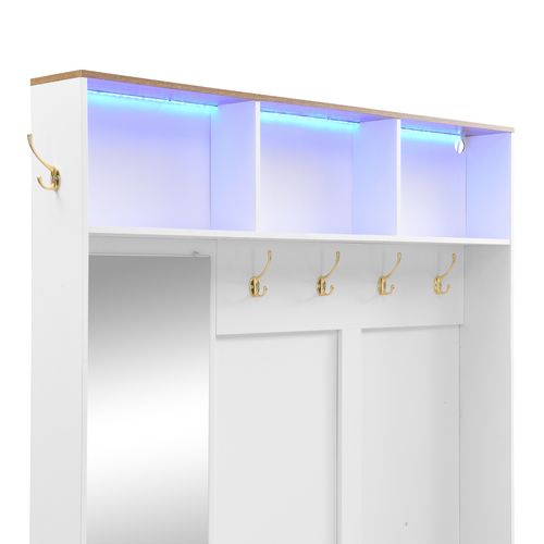 Vestiaire 120x40x187cm Avec Éclairage LED, Miroir Et Patères, 2 Tiroirs, Mdf, Couleur Bois Et Blanc