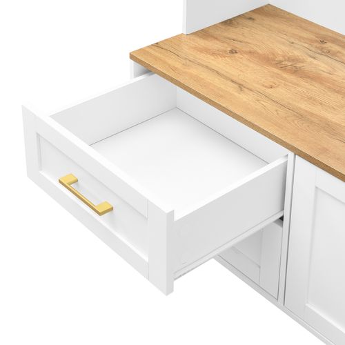 Vestiaire 120x40x187cm Avec Éclairage LED, Miroir Et Patères, 2 Tiroirs, Mdf, Couleur Bois Et Blanc