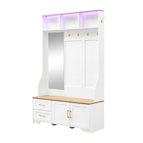 Vestiaire 120x40x187cm Avec Éclairage LED, Miroir Et Patères, 2 Tiroirs, Mdf, Couleur Bois Et Blanc