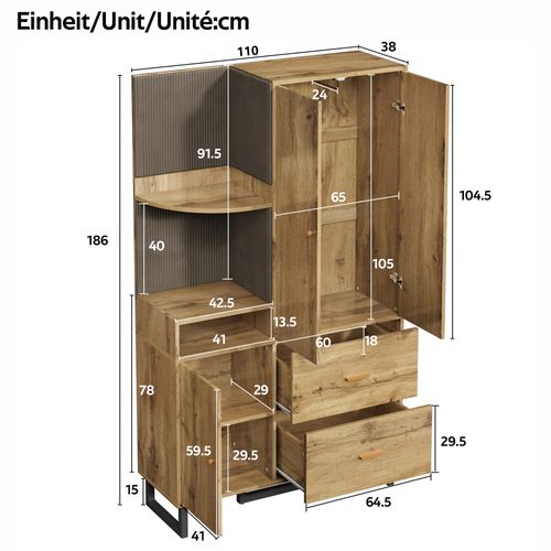 Armoire 110x38x186cm, Rangement Modulable, 3 Portes, 2 Tiroirs, Portant à Vêtements, Mdf, Bois+noir