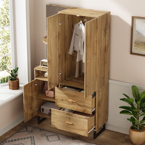 Armoire 110x38x186cm, Rangement Modulable, 3 Portes, 2 Tiroirs, Portant à Vêtements, Mdf, Bois+noir