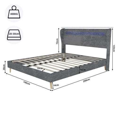 Lit Double 160x200 Cm, Tête Avec LED Réglable, Tissu Et Métal, Bois, Couleur Gris