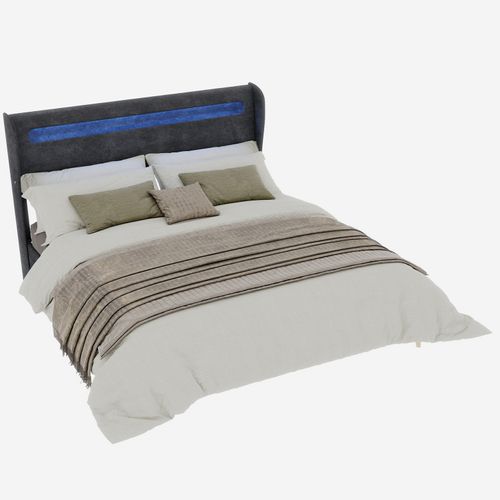 Lit Double 160x200 Cm, Tête Avec LED Réglable, Tissu Et Métal, Bois, Couleur Gris