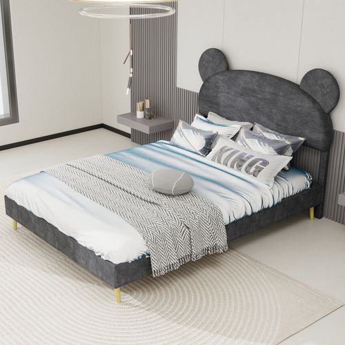 Lit Enfant 140x200 Cm, Tête De Lit Cartoon Ludique, Rangement Pneumatique, Tissu Et Métal, Gris