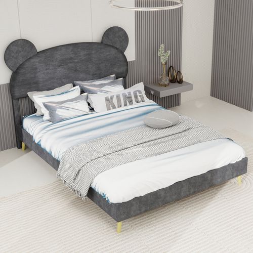 Lit Enfant 140x200 Cm, Tête De Lit Cartoon Ludique, Rangement Pneumatique, Tissu Et Métal, Gris