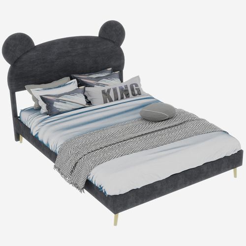 Lit Enfant 140x200 Cm, Tête De Lit Cartoon Ludique, Rangement Pneumatique, Tissu Et Métal, Gris