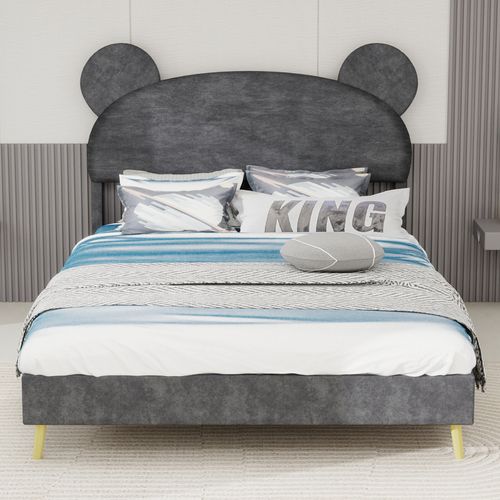 Lit Enfant 140x200 Cm, Tête De Lit Cartoon Ludique, Rangement Pneumatique, Tissu Et Métal, Gris