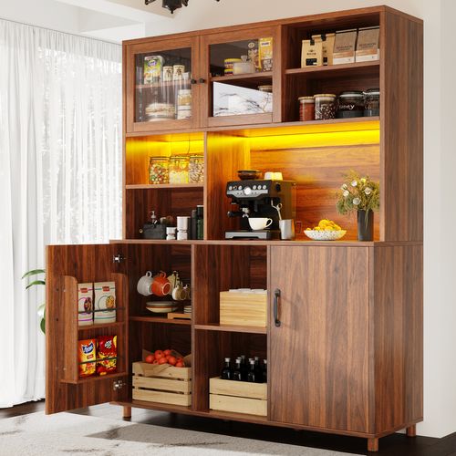 Buffet De Cuisine 140x40x185 Cm, LED Avec Appli, Portes Coulissantes Verre, Mdf, Couleur Brun