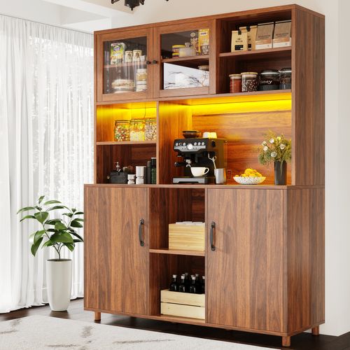 Buffet De Cuisine 140x40x185 Cm, LED Avec Appli, Portes Coulissantes Verre, Mdf, Couleur Brun