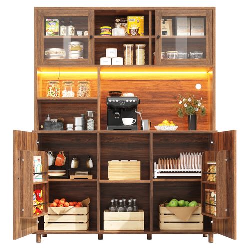 Buffet De Cuisine 140x40x185 Cm, LED Avec Appli, Portes Coulissantes Verre, Mdf, Couleur Brun