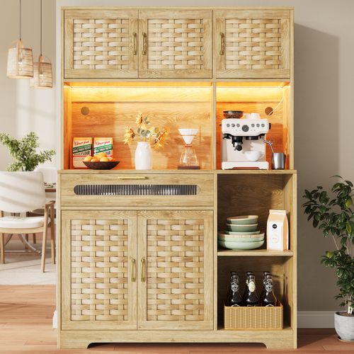 Buffet Haut De Cuisine 120x40x180cm, LED, 5 Portes, Tiroir, 4 Niches, Mdf, Métal, Naturel