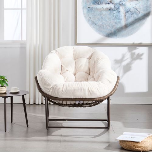 Fauteuil à Bascule En Rotin 111x94.5x80 Cm, Siège Surdimensionné, Cadre En Acier, Couleur Blanche