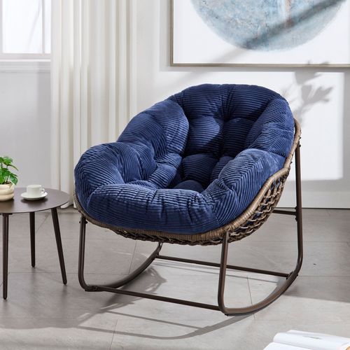 Fauteuil à Bascule En Rotin 111x94.5x80 Cm, Grand Modèle, Cadre En Acier, Coussin Bleu Marine
