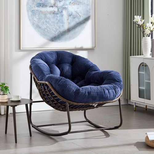 Fauteuil à Bascule En Rotin 111x94.5x80 Cm, Grand Modèle, Cadre En Acier, Coussin Bleu Marine