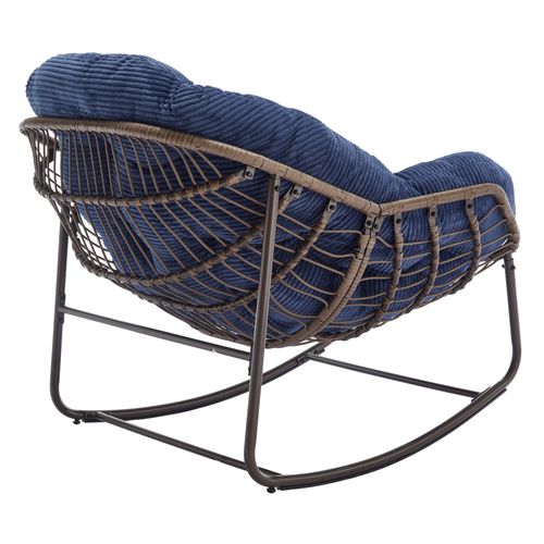 Fauteuil à Bascule En Rotin 111x94.5x80 Cm, Grand Modèle, Cadre En Acier, Coussin Bleu Marine