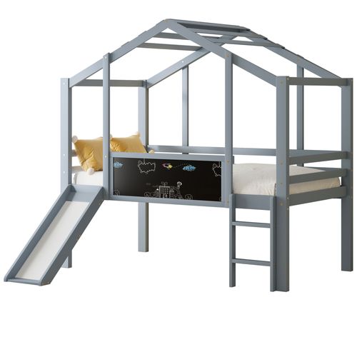 Lit Mi-haut Enfant 90x200 Cm, Échelle, Toboggan De Sécurité, Tableau Blanc, Lit Simpe, Bois, Gris