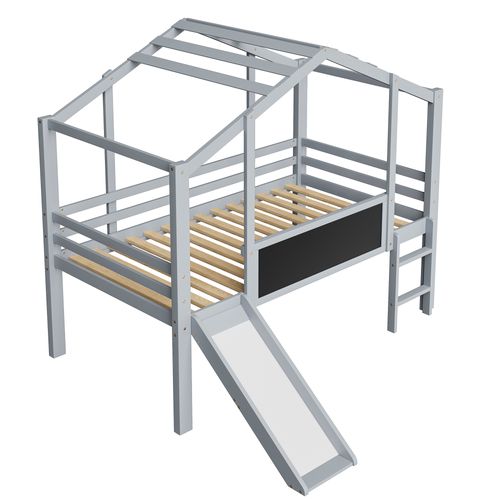 Lit Mi-haut Enfant 90x200 Cm, Échelle, Toboggan De Sécurité, Tableau Blanc, Lit Simpe, Bois, Gris