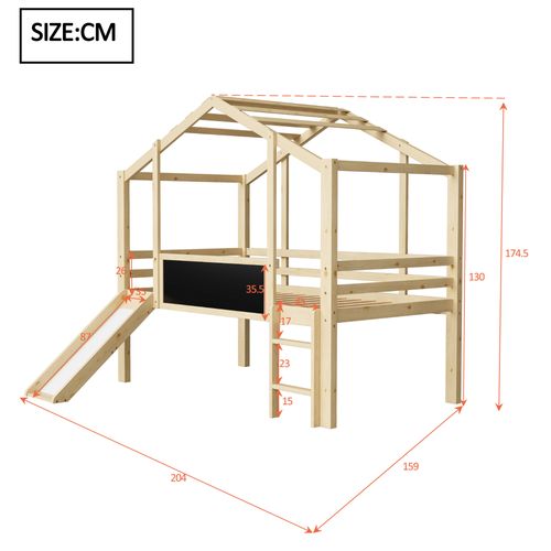 Lit Mi-haut Enfant 90x200 Cm Avec Échelle, Toboggan, Tableau Blanc, Lit Cabane, Bois, Naturel