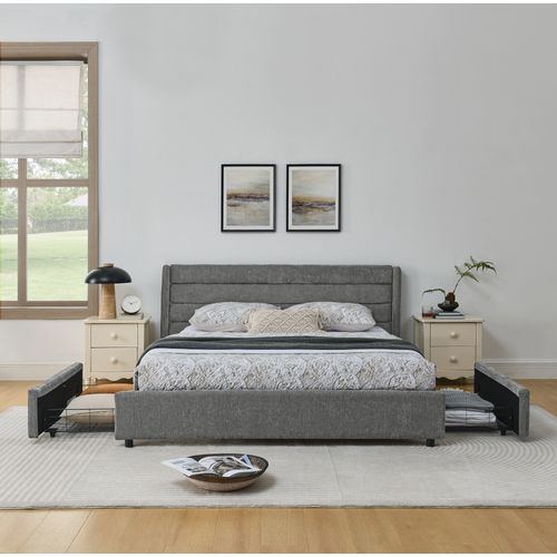 Lit Double 160x200 Cm, 4 Tiroirs De Rangement, Structure En Bois Et Métal, Chenille Gris Foncé