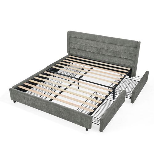 Lit Double 160x200 Cm, 4 Tiroirs De Rangement, Structure En Bois Et Métal, Chenille Gris Foncé