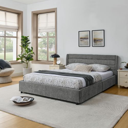 Lit Double 160x200 Cm, 4 Tiroirs De Rangement, Structure En Bois Et Métal, Chenille Gris Foncé