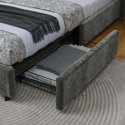 Lit Double 160x200 Cm, 4 Tiroirs De Rangement, Structure En Bois Et Métal, Chenille Gris Foncé