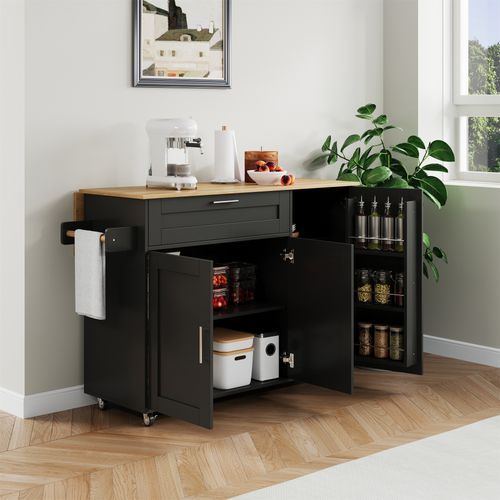 Îlot De Cuisine 132.5x44(70.5)x90 Cm, Plateau Rabattable, Rangements Modulables, Mdf, Noir+bois